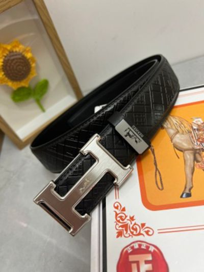 1:1  Hermes Black Leather Belt  with Silver 'H' buckle Steel  Buckle 3.8cm